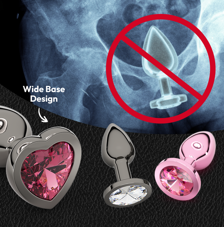 Metal butt plugs with a wide base, shown next to an x-ray of a narrow-base plug