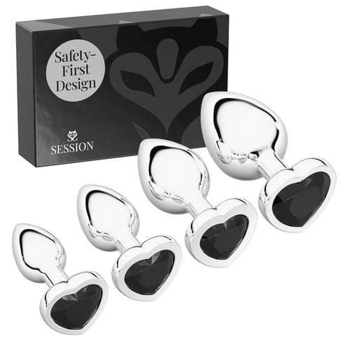Metal Butt Plug Set - Heart Charm - Silver - Black