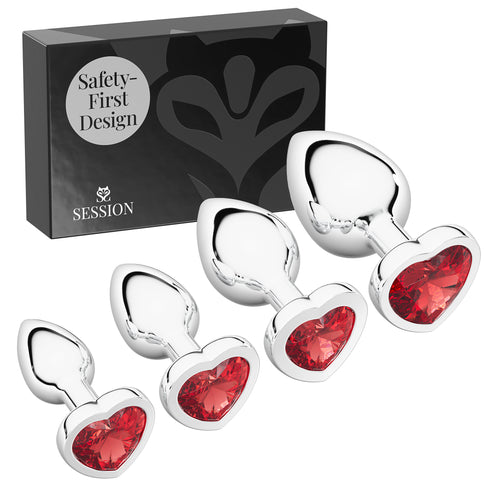 Metal Butt Plug Set - Heart Charm - Silver - Red