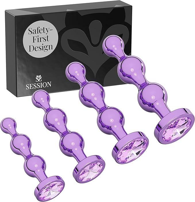Metal Butt Plug Set – Beaded Plug, Purple - Purple