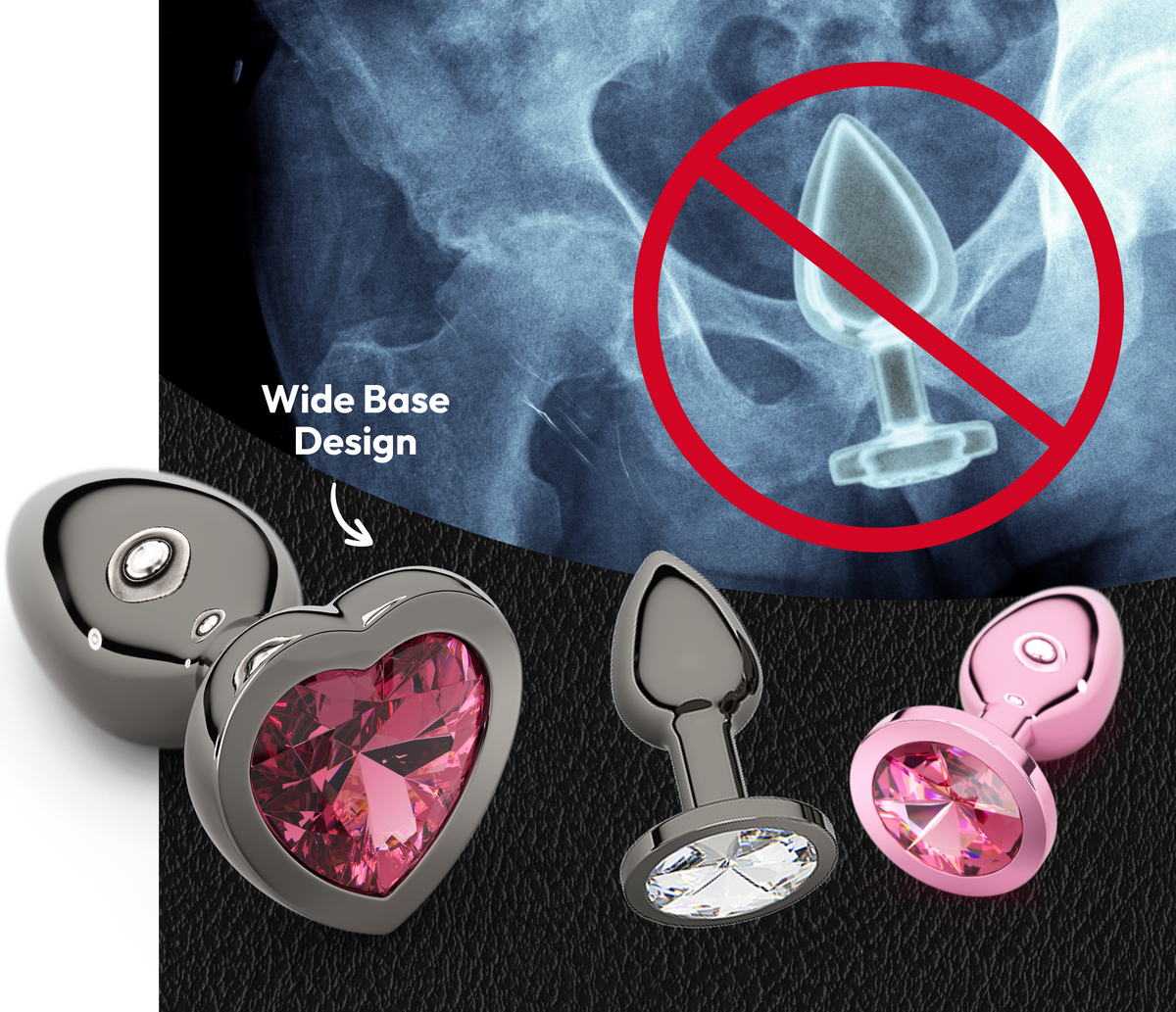 Metal butt plugs with a wide base, shown next to an x-ray of a narrow-base plug
