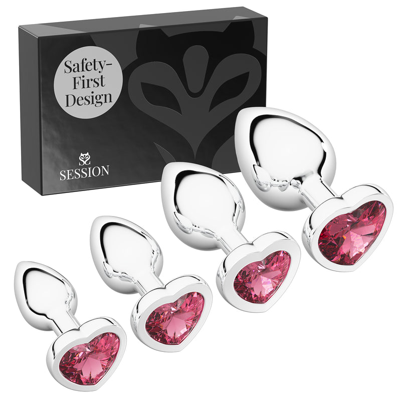 Metal Butt Plug Set – Heart Charm, Silver - Pink