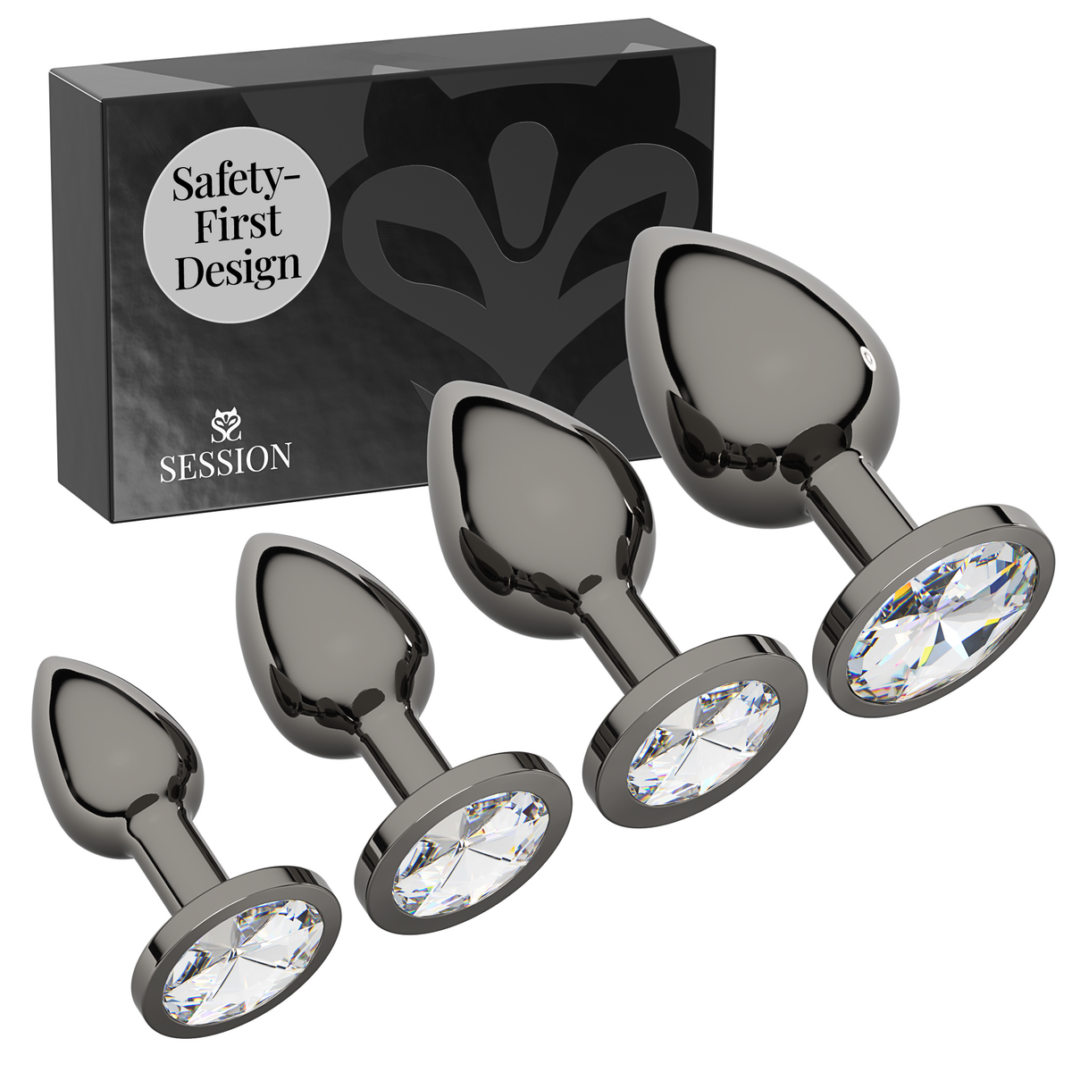 Metal Butt Plug Set - Circle Charm - Dark Silver - Clear
